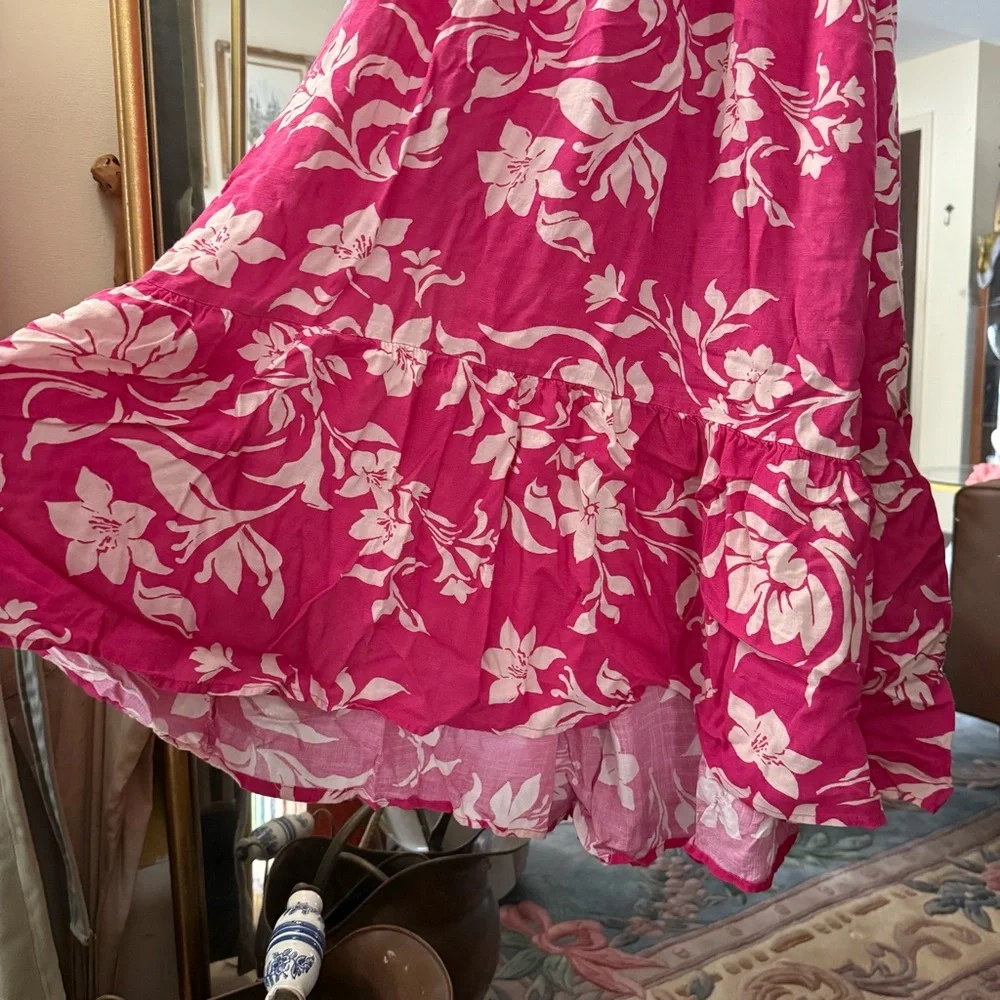 Japna NWT Pink and Cream Botanical Spaghetti Strap Smock Waist Midi Dress - Picture 5 of 8